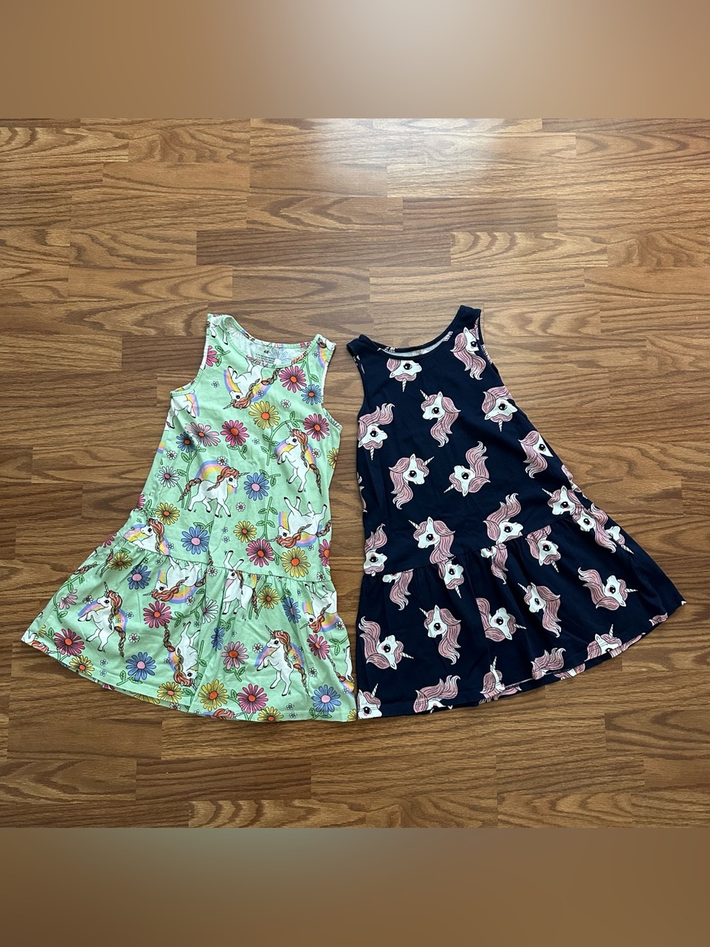 Bundle 2x H&M Girls 8-10 Sleeveless Cotton Summer Dress Unicorn Green Blue EUC!
